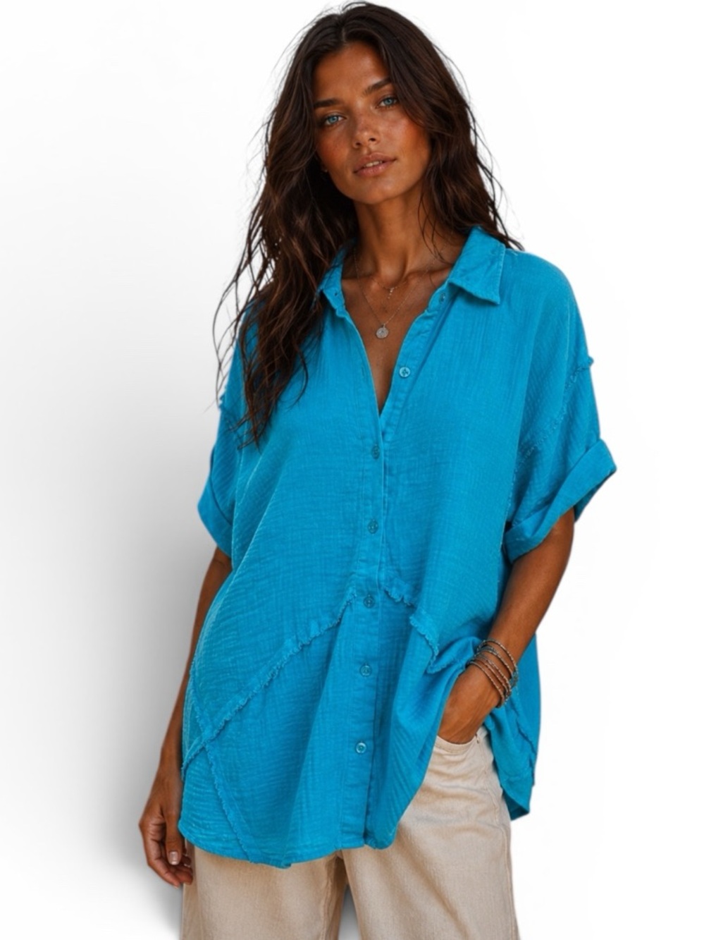 Umgee Blue Cotton Collared Button down long sleeve Shirt Top